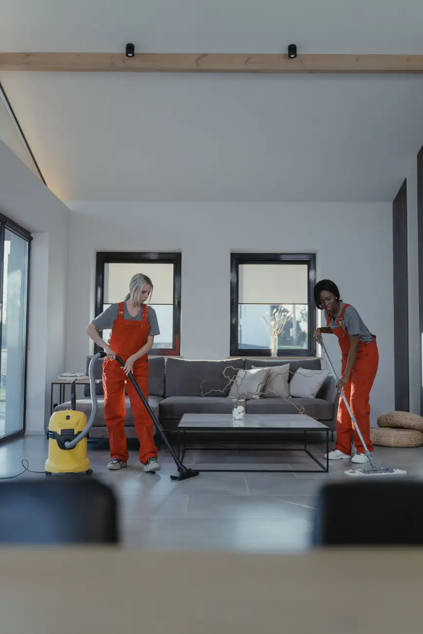 Living room cleaning | Carpet cleaning in Gateshead Two cleaning professionals working in a bright living room, carpet cleaning in Gateshead