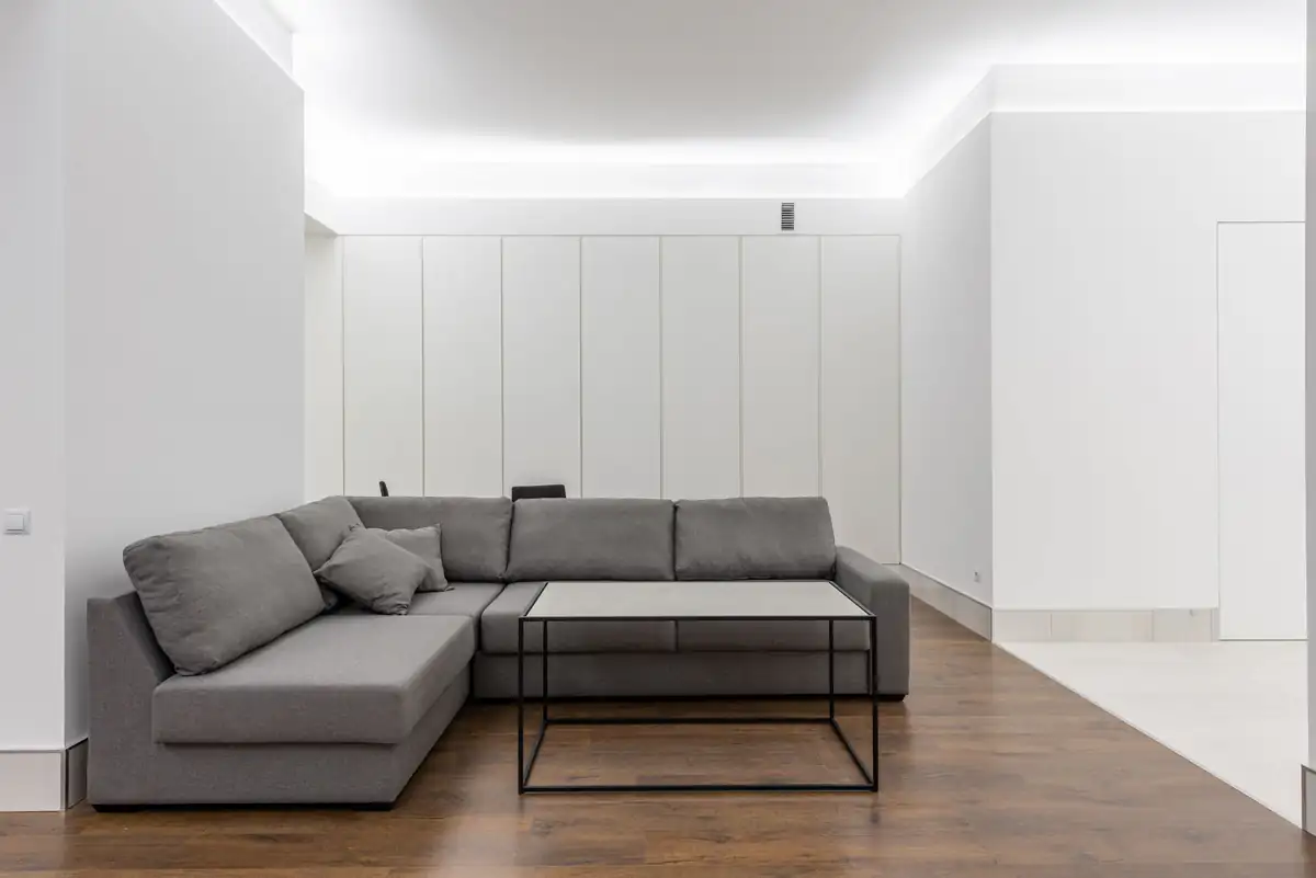Minimal open-plan living space with a pale carpet and modern furniture, carpet cleaning in Gosforth